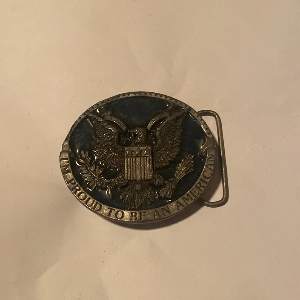 Bergamot Belt Buckle brass Works I’m proud to be an American 2.5×3” 1981 - Picture 2 of 7